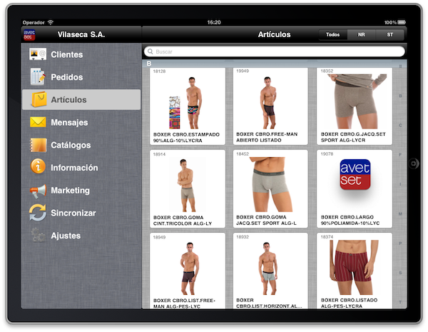 Sección "Articulos" de la App "Avet Set" de Vilaseca S.A.