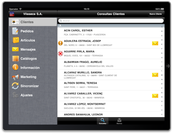 Sección "Clientes" de la App "Avet Set" de Vilaseca S.A.