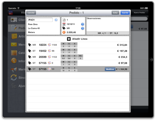 Ventana de Pedido de la App "Avet Set" de Vilaseca S.A.