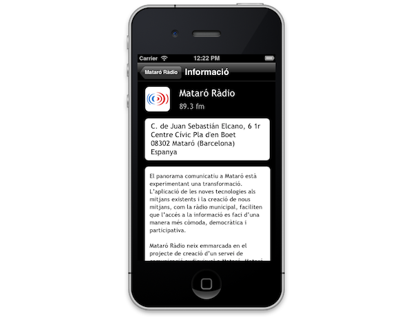 Sección "Informació" de la App "Mataró Ràdio"