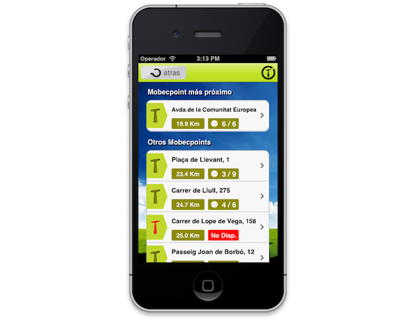 Lista de Puntos de Recarga en la App "Mobecpoint"